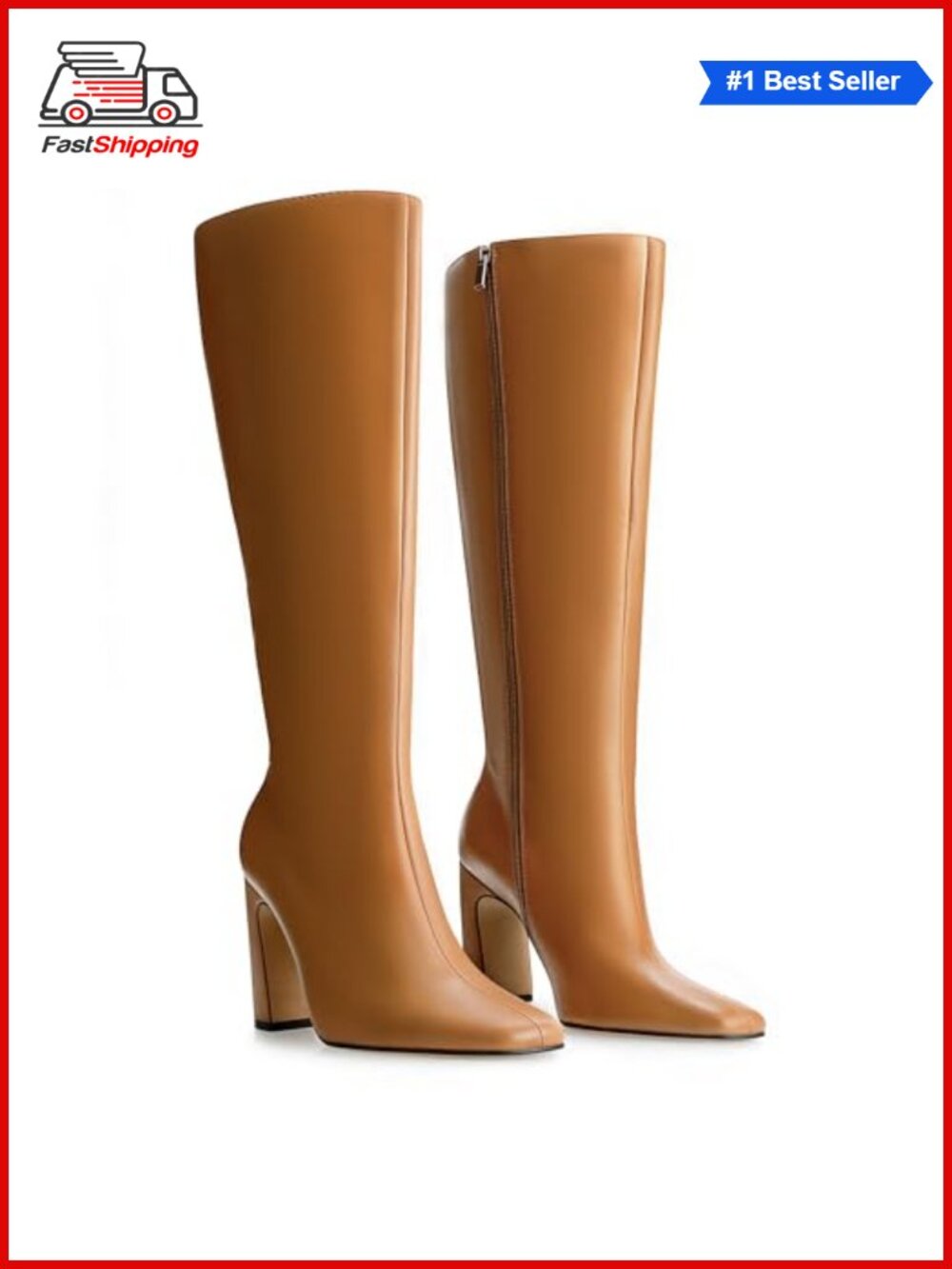 ✨ Knee High Boots Chunky Block Heel Square Toe Faux Leather Tall Dress Boots